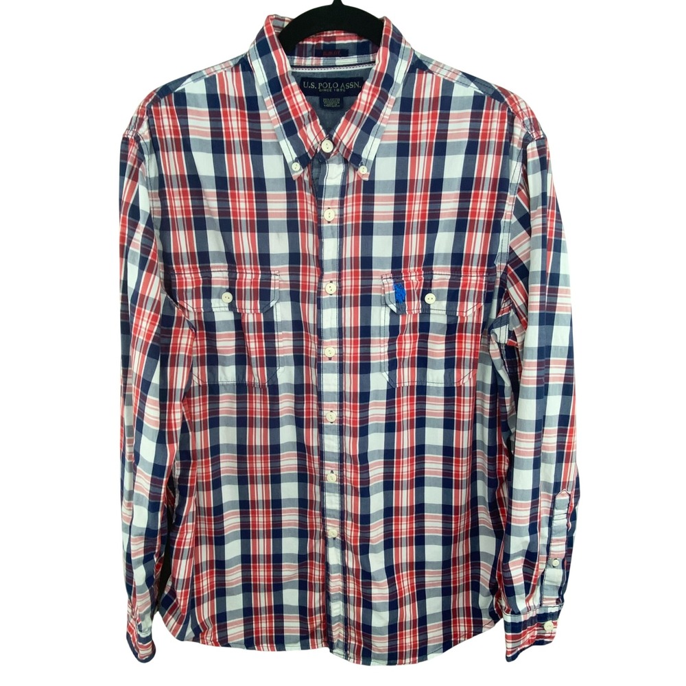 US Polo Assn Button Down Shirt Mens Sz L Plaid Slim Fit‎ Red White Blue Cotton